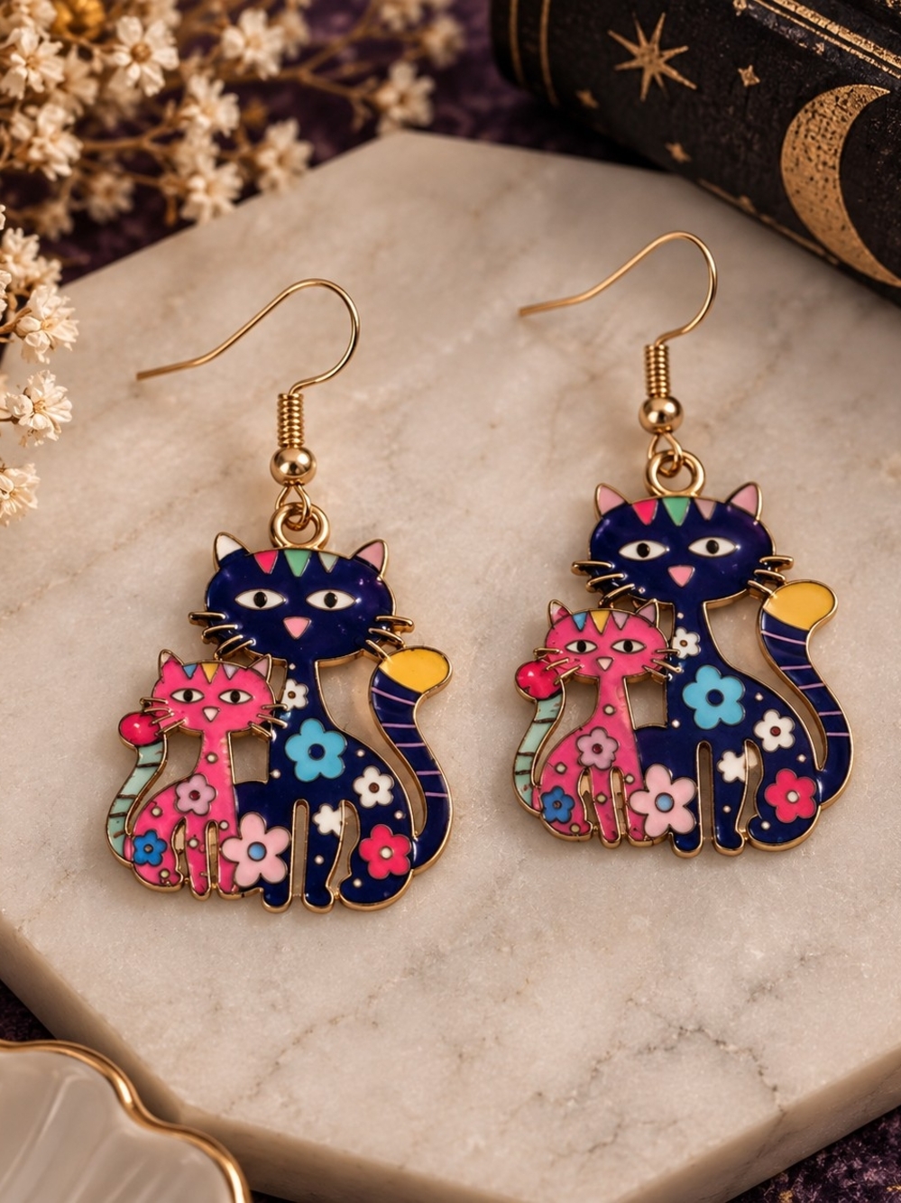 Cat Duo Enamel Drop Dangle Earrings - Navy & Pink New